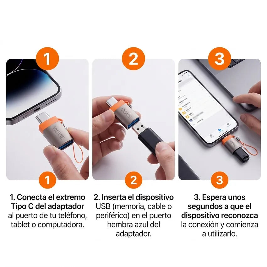 Adaptador VIDVIE USB Tipo C Macho a USB-A Hembra OTG Alta Velocidad