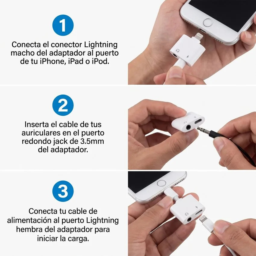 Adapatador de cable Lightning Para Audifonos Jack 3.5mm Y Carga