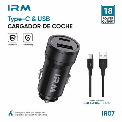 Cargador 18w de Celular Para Auto Ir07 IRM Con Cable Tipo C