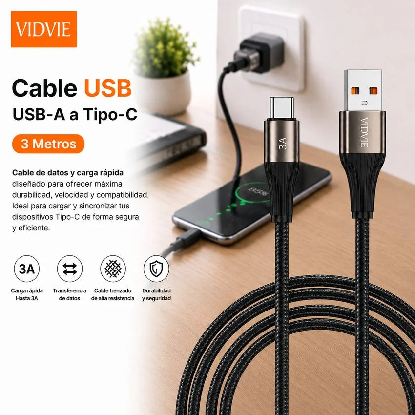 Cable Carga Rapida y Datos Tipo C 3m 3a V8 Trenzado Vidvie
