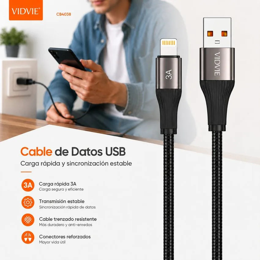 Cable Carga Rapida y Datos Lightning 3m 3a V8 Trenzado Vidvie