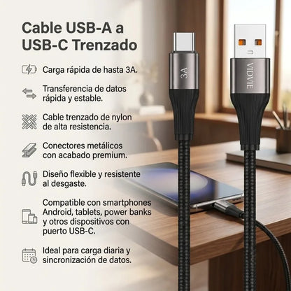 Cable Carga Rapida y Datos Tipo C 1m 3a V8 Trenzado Vidvie