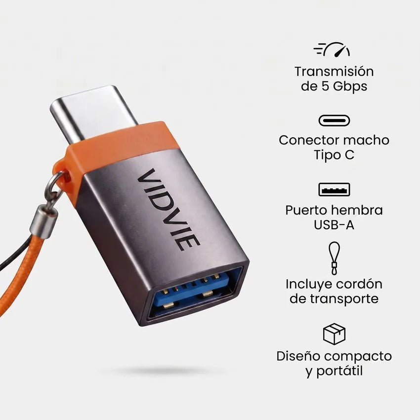 Adaptador VIDVIE USB Tipo C Macho a USB-A Hembra OTG Alta Velocidad