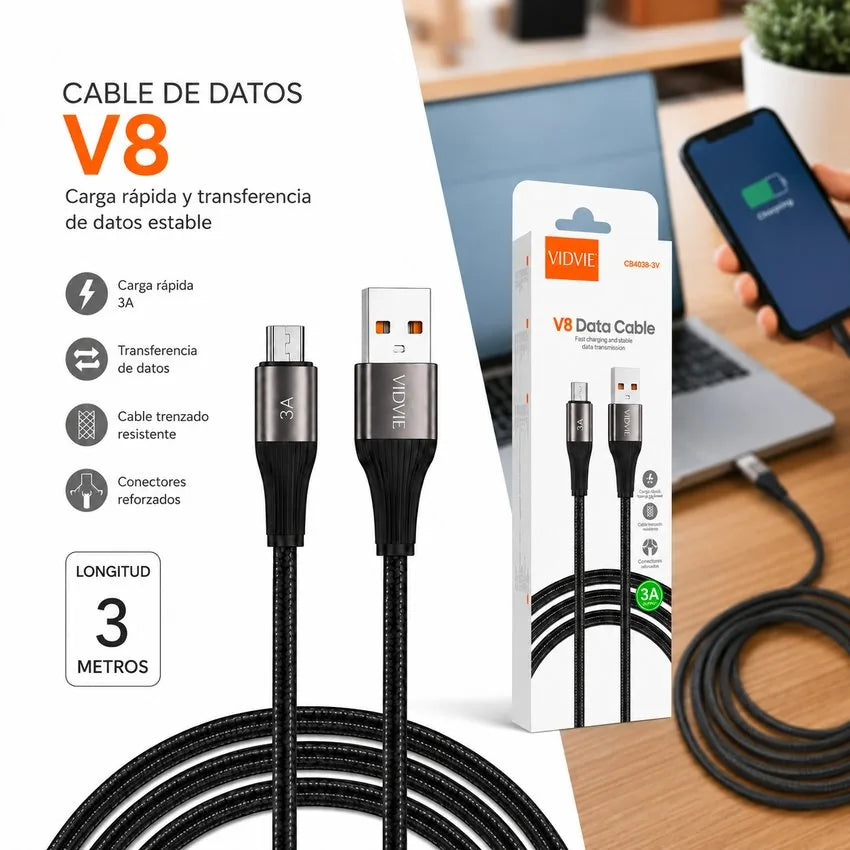 Cable Carga Rapida y Datos Micro Usb 3m 3a V8 Trenzado Vidvie