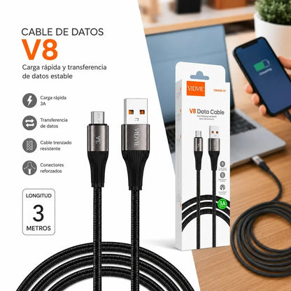 Cable Carga Rapida y Datos Micro Usb 3m 3a V8 Trenzado Vidvie