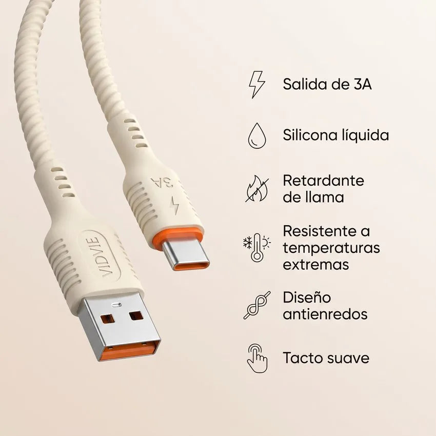 Cable de Carga Rápida USB-A a Tipo C 3A Vidvie · Silicona Líquida