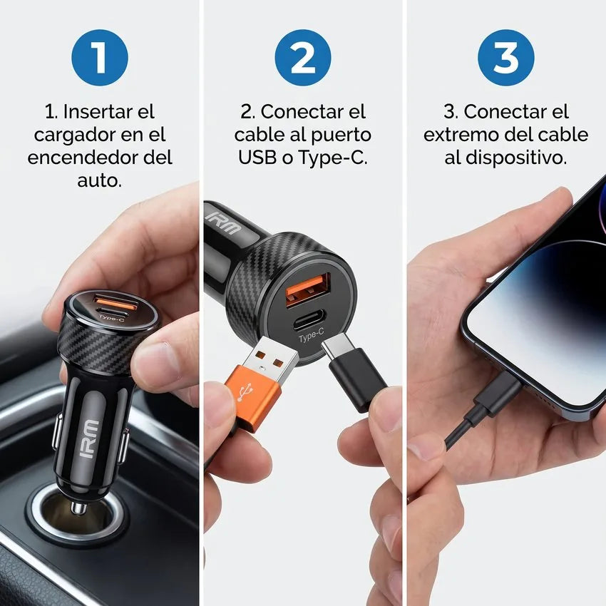 Cargador de Auto Rápido Dual IRM 45W + Cable Type-C a Lightning