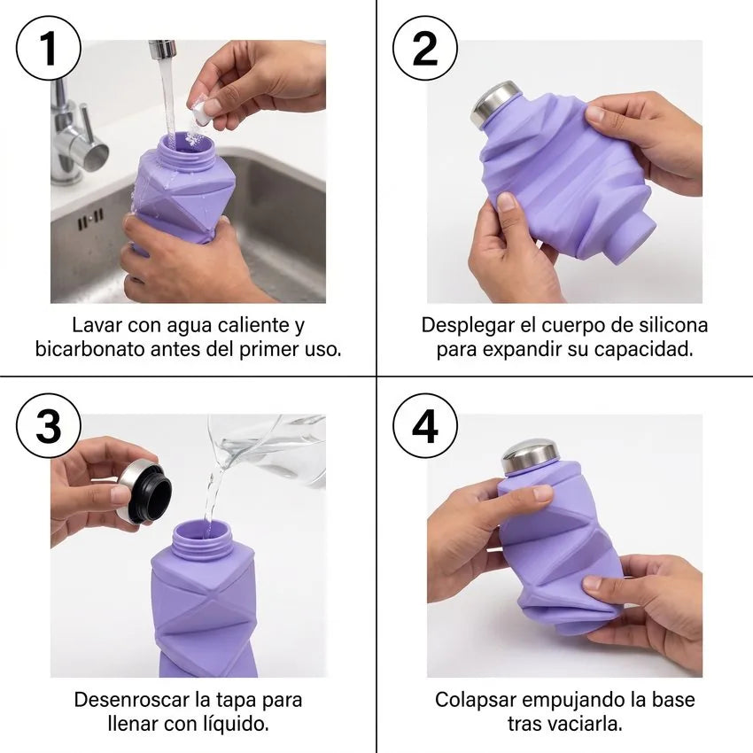 Botella de Agua Plegable de Silicona - Diseño Geométrico y Mosquetón