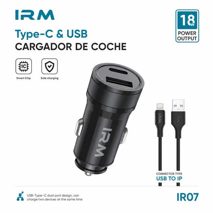 Cargador 18w de Celular Para Auto Ir07 IRM Con Cable Lightning