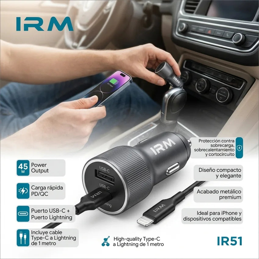 Cargador Rapido 45w de Celular Para Auto Ir51 IRM Con Cable Lightning