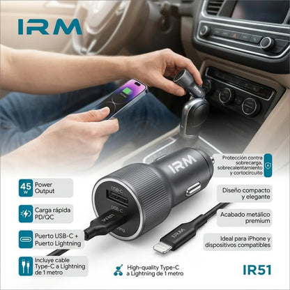 Cargador Rapido 45w de Celular Para Auto Ir51 IRM Con Cable Lightning