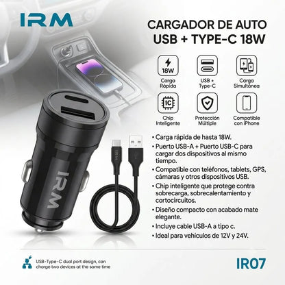 Cargador 18w de Celular Para Auto Ir07 IRM Con Cable Tipo C