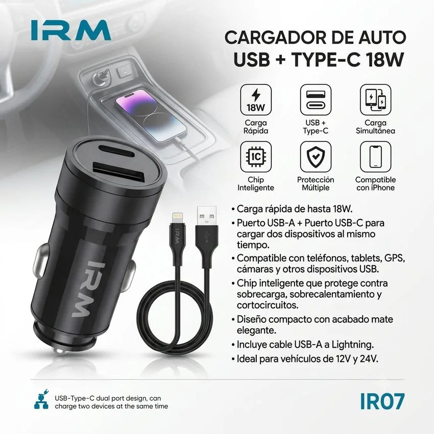 Cargador 18w de Celular Para Auto Ir07 IRM Con Cable Lightning
