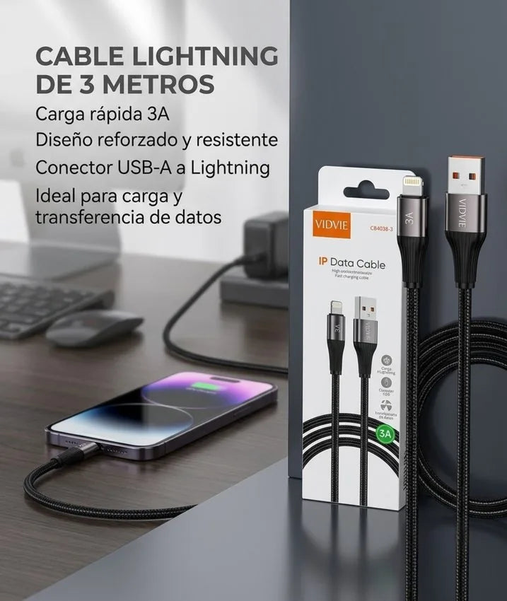 Cable Carga Rapida y Datos Lightning 3m 3a V8 Trenzado Vidvie