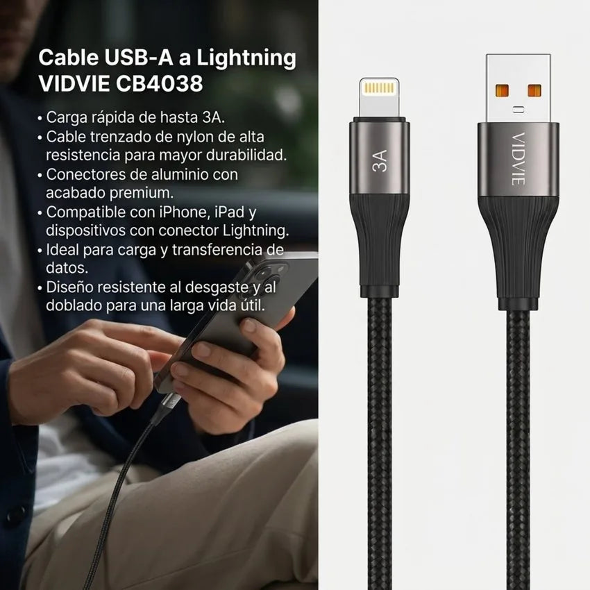 Cable Carga Rapida y Datos Lightning 1m 3a V8 Trenzado Vidvie