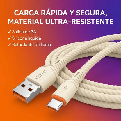 Cable de Carga Rápida USB-A a Tipo C 3A Vidvie · Silicona Líquida