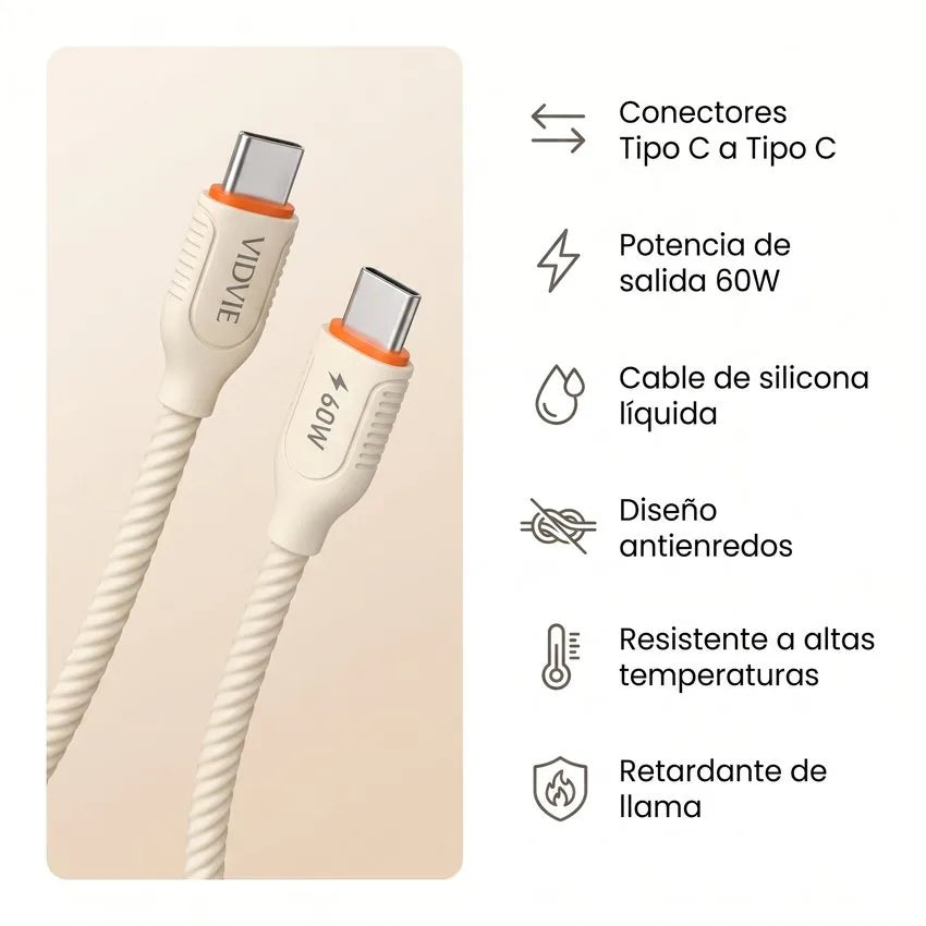 Cable Tipo C a Tipo C 60W de Silicona Líquida Vidvie