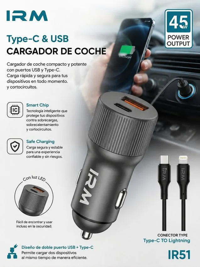 Cargador Rapido 45w de Celular Para Auto Ir51 IRM Con Cable Lightning