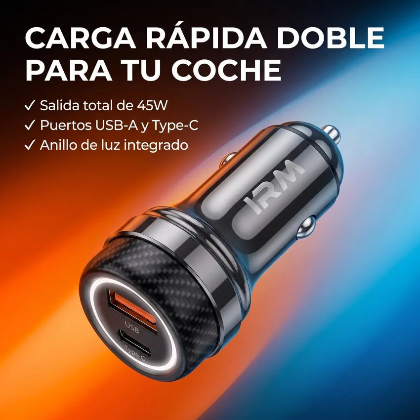 Cargador de Auto Rápido Dual IRM 45W + Cable Type-C a Lightning
