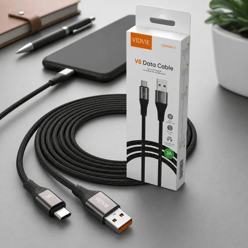 Cable Carga Rapida y Datos Tipo C 3m 3a V8 Trenzado Vidvie