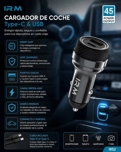 Cargador Rapido 45w de Celular Para Auto Ir52 IRM Con Cable Tipo C