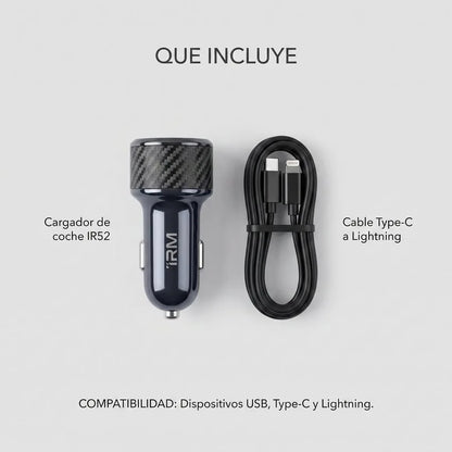 Cargador de Auto Rápido Dual IRM 45W + Cable Type-C a Lightning