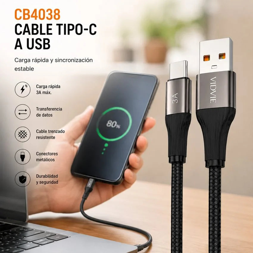 Cable Carga Rapida y Datos Tipo C 3m 3a V8 Trenzado Vidvie