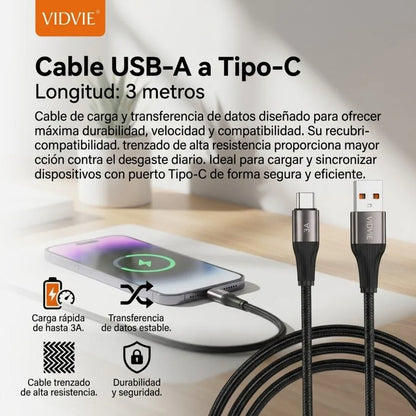 Cable Carga Rapida y Datos Tipo C 3m 3a V8 Trenzado Vidvie