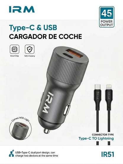 Cargador Rapido 45w de Celular Para Auto Ir51 IRM Con Cable Lightning
