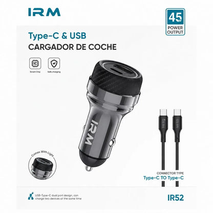 Cargador Rapido 45w de Celular Para Auto Ir52 IRM Con Cable Tipo C