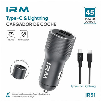 Cargador Rapido 45w de Celular Para Auto Ir51 IRM Con Cable Lightning