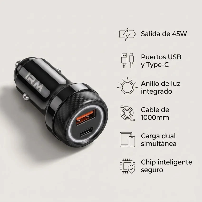 Cargador de Auto Rápido Dual IRM 45W + Cable Type-C a Lightning