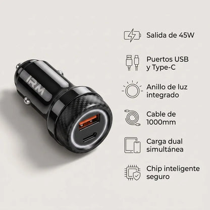 Cargador de Auto Rápido Dual IRM 45W + Cable Type-C a Lightning