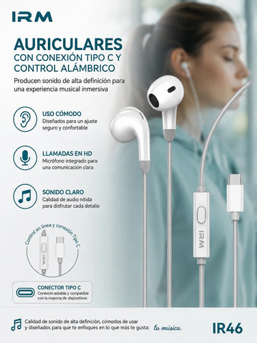 Audífonos In-Ear Con Cable Tipo-C IR46 IRM Con Micrófono Blanco