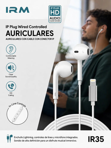 Audífonos In-Ear Con Cable Lightning IR35 IRM Con Micrófono Blanco