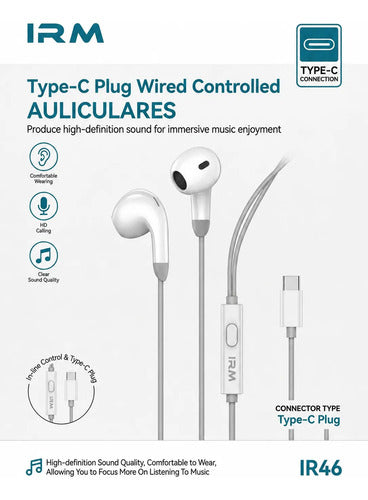 Audífonos In-Ear Con Cable Tipo-C IR46 IRM Con Micrófono Blanco