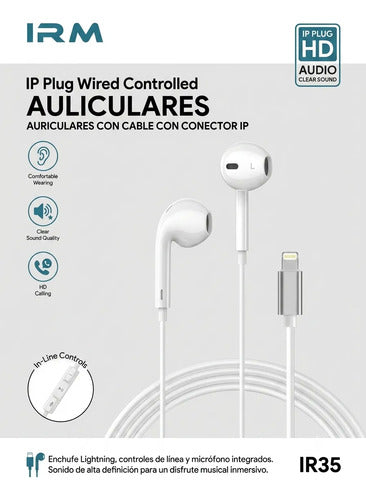 Audífonos In-Ear Con Cable Lightning IR35 IRM Con Micrófono Blanco