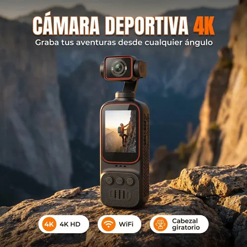 Cámara Deportiva 4K WiFi Cabezal Giratorio Con Luz LED