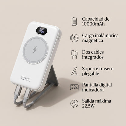 Batería Externa Power Bank 10000mAh Magnética MagSafe VIDVIE PB7029 Carga Rápida 22.5W Con Cables Y Soporte