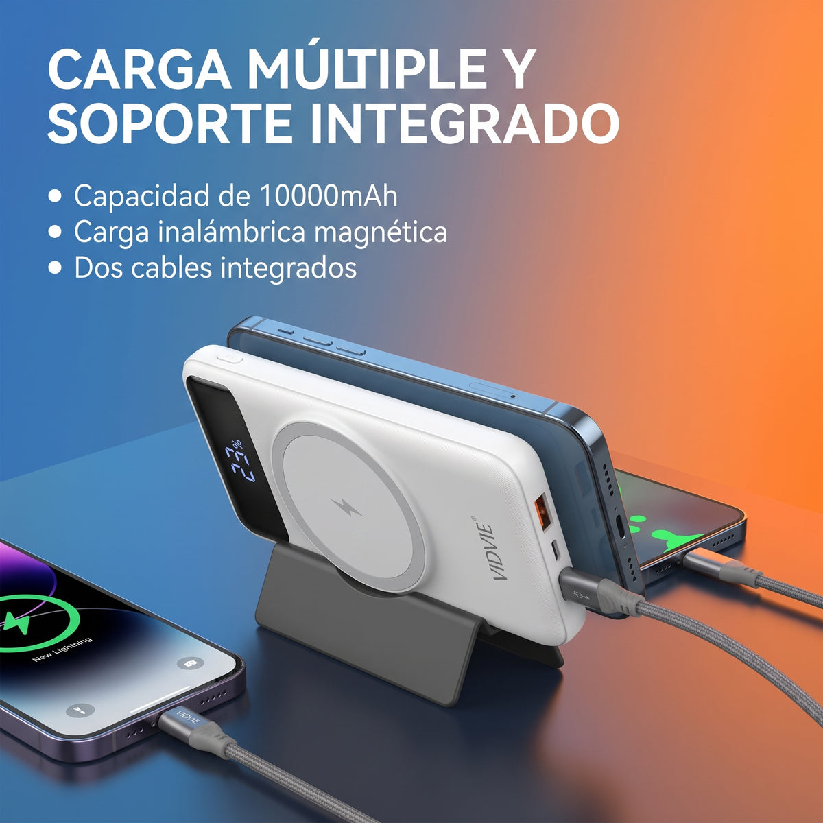 Batería Externa Power Bank 10000mAh Magnética MagSafe VIDVIE PB7029 Carga Rápida 22.5W Con Cables Y Soporte