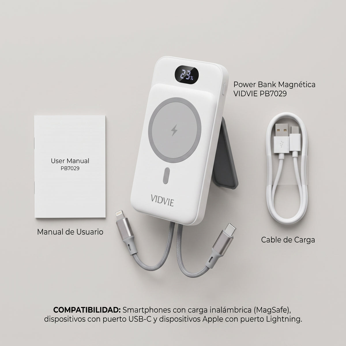 Batería Externa Power Bank 10000mAh Magnética MagSafe VIDVIE PB7029 Carga Rápida 22.5W Con Cables Y Soporte