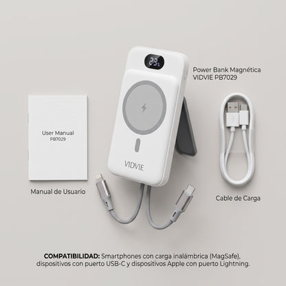 Batería Externa Power Bank 10000mAh Magnética MagSafe VIDVIE PB7029 Carga Rápida 22.5W Con Cables Y Soporte