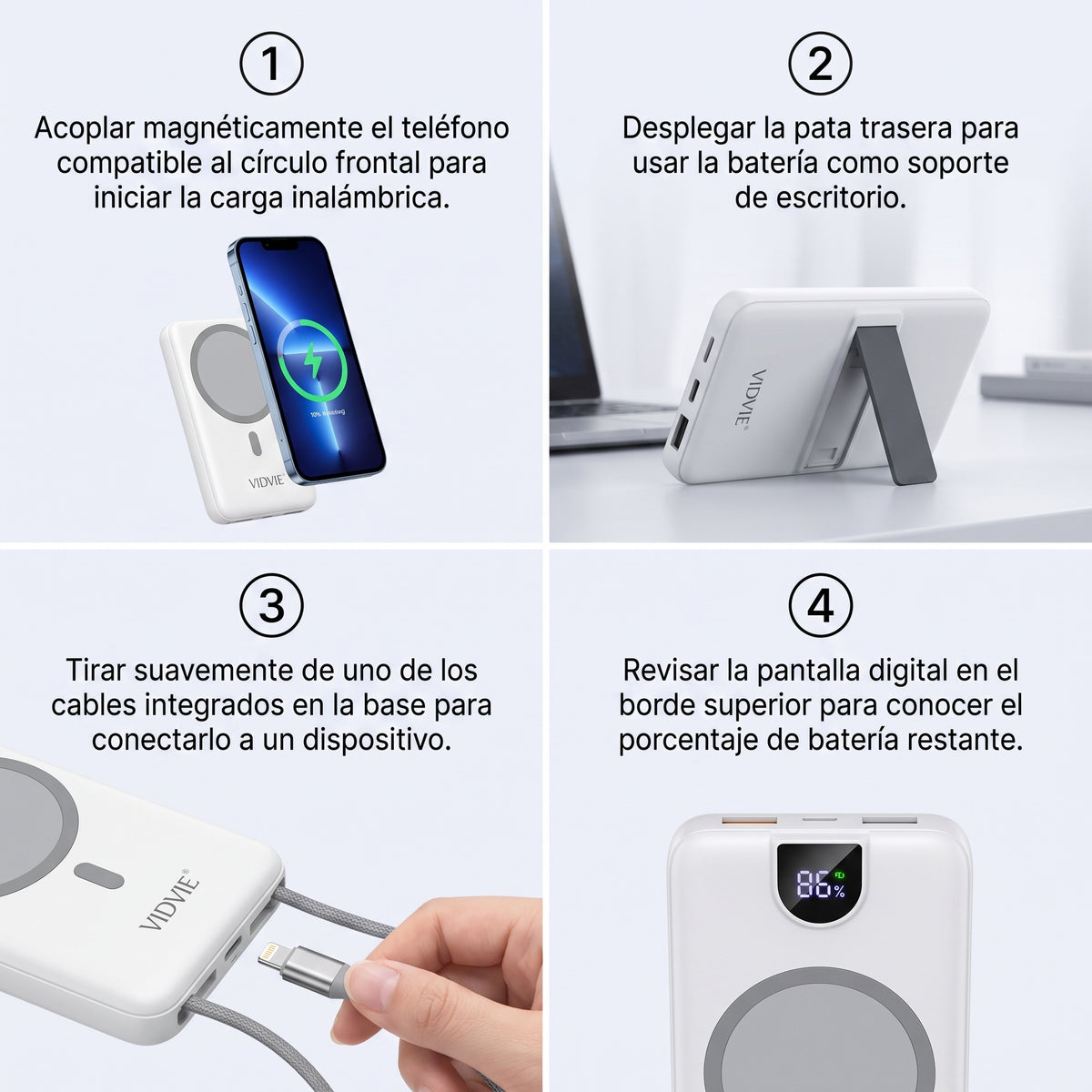 Batería Externa Power Bank 10000mAh Magnética MagSafe VIDVIE PB7029 Carga Rápida 22.5W Con Cables Y Soporte