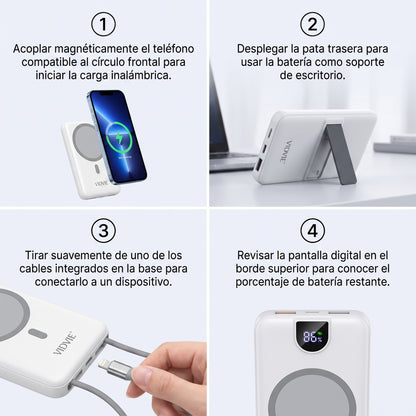 Batería Externa Power Bank 10000mAh Magnética MagSafe VIDVIE PB7029 Carga Rápida 22.5W Con Cables Y Soporte