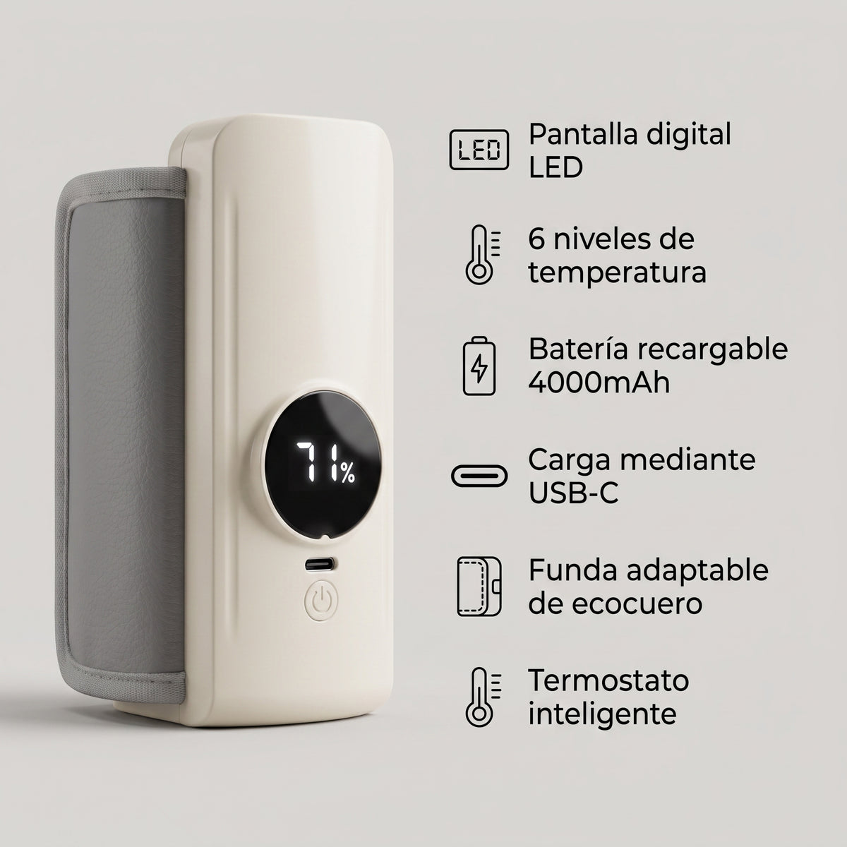 Calentador De Mamadera Portatil Recargable Pantalla LED Temperatura Regulable USB-C