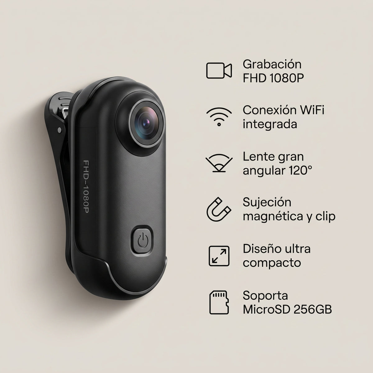 Camara Deportiva Portatil Mini FHD 1080P WiFi Magnetica Tipo Pulgar Clip Ajustable POV